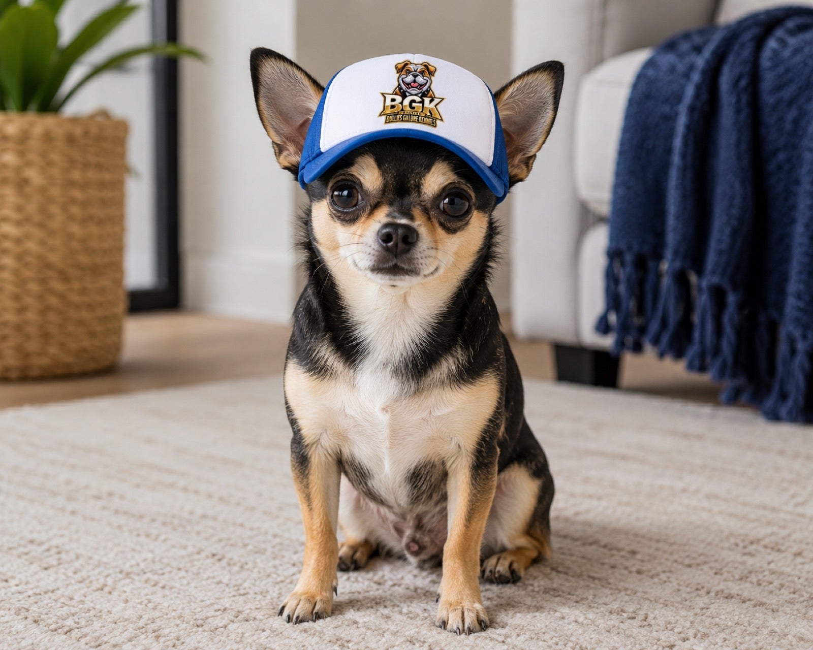 A chihuahua wearing the BGK trucker hat in blue indoors