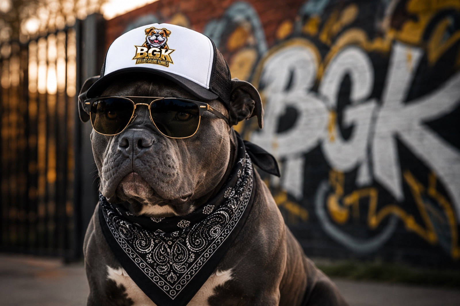 An American Bully wearing a BGK trucker hat and sunglasses in front of a BGK graffiti wall
